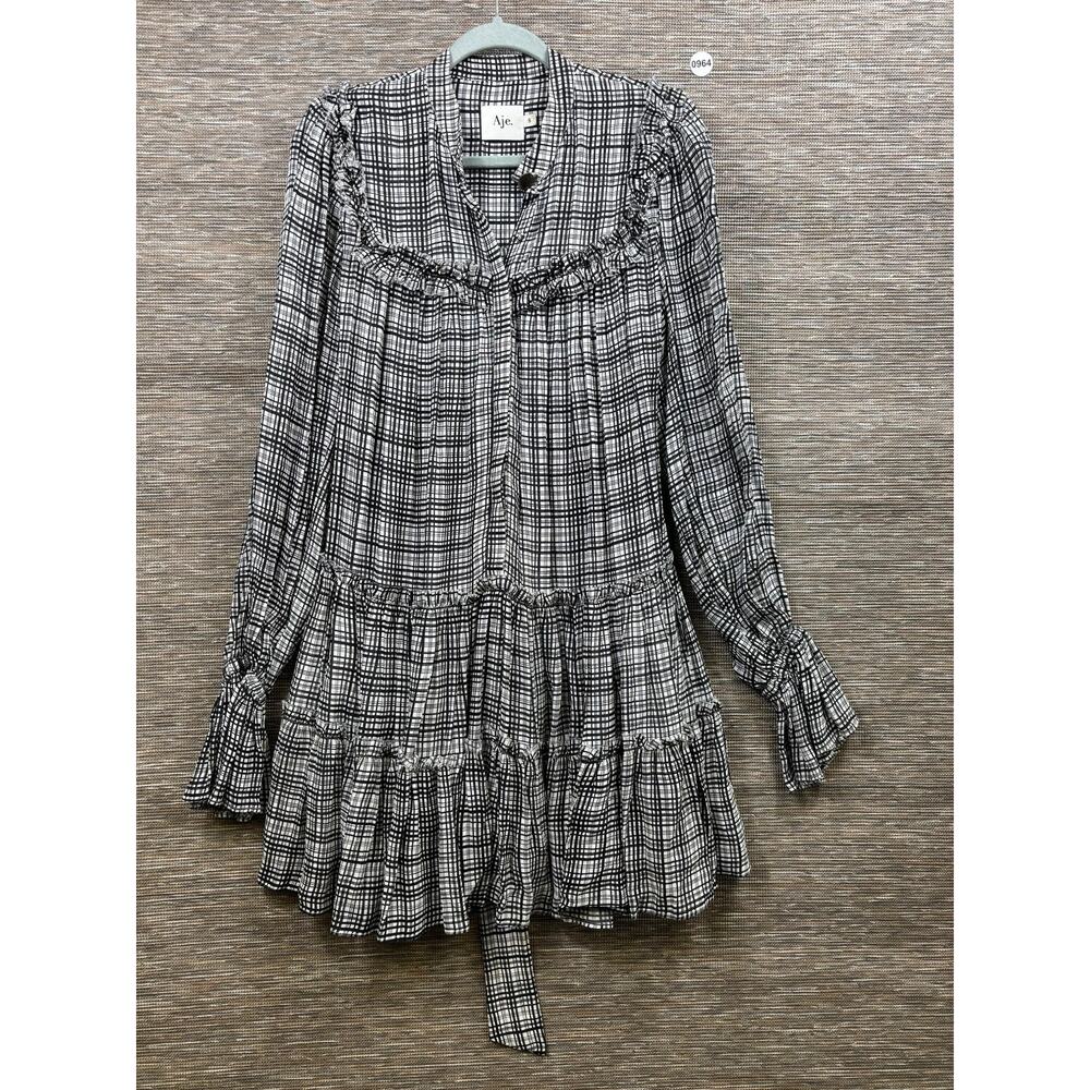 Aje Dress Womens 8 White Check Ruffle Trapeze Swing Mini Long Sleeve Short
